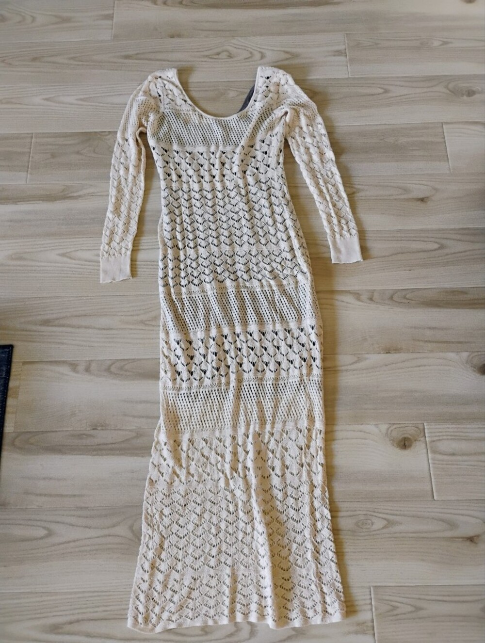 Mods International Crochet Maxi Dress Size XL Beach Boho Tan Beige Long Sleeve